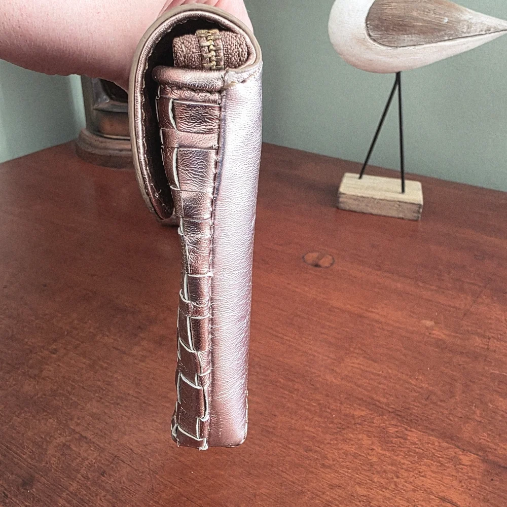 Elliott Lucca Woven Wristlet Clutch Pink Rose Gold Metallic Leather Bag